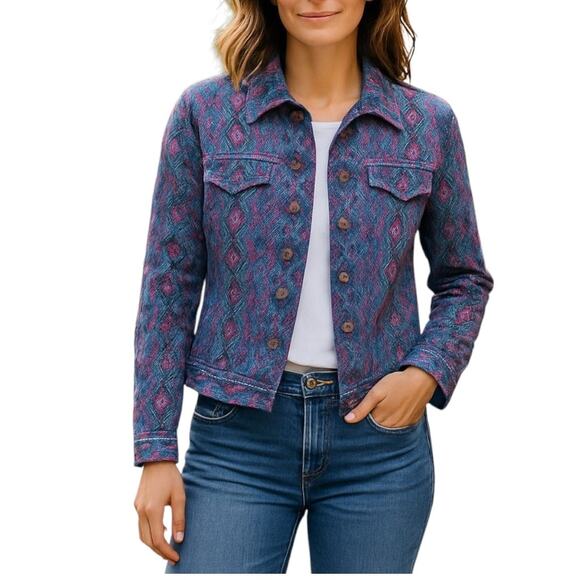 Coldwater Creek Blue Red Yellow BOHO Embroidered Shacket Jacket P L - Picture 2 of 3